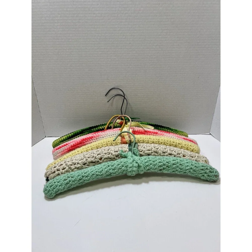 Vintage 1970s Crocheted Wood Hangers Set of 5 Green Yellow Pink Mod MCM 16.5
